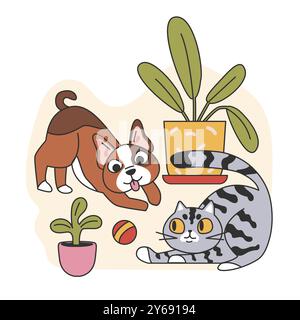 Migliori amici di gatto e cane. Cucciolo carino e gattino che giocano tra loro. Divertenti coppie di animali giocano insieme a una palla. Illustrazione vettoriale piatta Illustrazione Vettoriale