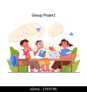 Pedagogia. Collaborazione di gruppo sui progetti. Metodo di educazione e istruzione dei bambini. I bambini delle scuole primarie acquisiscono conoscenze e competenze insieme, un approccio moderno all'insegnamento. Illustrazione vettoriale piatta Illustrazione Vettoriale