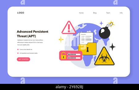 Banner Web o landing page per minacce persistenti APT o Advanced. Un attore malintenzionato, un attacco informatico o un crimine di gruppo sponsorizzato dallo stato o dallo stato. Pericolo di danni al computer di grandi dimensioni. Illustrazione vettoriale piatta Illustrazione Vettoriale