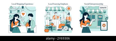 Set di sabato per piccole imprese. Comunità che sostiene i negozi locali, mette in evidenza i prodotti agricoli e da tavola e promuove le cause sociali. Illustrazione vettoriale. Illustrazione Vettoriale