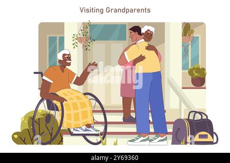 Nipote in visita ai nonni. Felice nonno e nonna che danno il benvenuto al loro nipote adulto. Donna anziana che abbraccia un uomo. Illustrazione vettoriale piatta Illustrazione Vettoriale