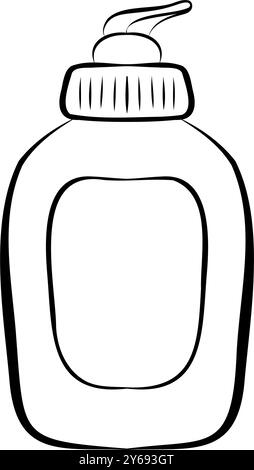 Schizzo di una bottiglia cosmetica. Pulizia dispenser. Igiene e bellezza. Illustrazione grafica disegnata a mano. Illustrazione Vettoriale