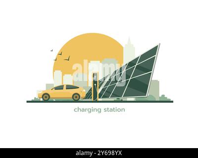 L'auto elettrica si sta caricando. Stazione di ricarica e pannelli solari sullo sfondo del paesaggio urbano. Illustrazione Vettoriale