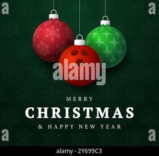 Biglietto d'auguri natalizio per il bowling. Buon Natale e felice auguri sportivi per il nuovo anno. Appendi un pallone verde e rosso di Natale su verde su b Illustrazione Vettoriale
