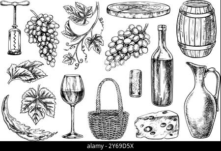 Vino. Una serie di clip art raffiguranti vino, bottiglia, bicchiere, formaggio e uva. Un barile, una caraffa, un cavatappi e un sughero. È stata disegnata un'illustrazione vettoriale grafica Illustrazione Vettoriale