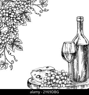 Una cornice con il vino. Grappoli d'uva, una bottiglia e un bicchiere di vino. Grafica vettoriale, illustrazione disegnata a mano in bianco e nero. Su sfondo bianco. F Illustrazione Vettoriale