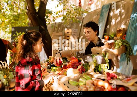 I prodotti biologici freschi vengono venduti da una donna che detiene una stalla, coinvolgendo il cliente nella conversazione su frutta e verdura locali e biologici. Cliente che parla con il fornitore presso lo stand greenmarket. Foto Stock