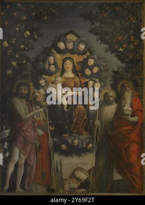 Andrea Mantegna (1431-1506). Pittore rinascimentale italiano. "Trivulzio Madonna", 1497. Madonna in gloria con Sts. Giovanni Battista, Gregorio il grande, Benedetto e Girolamo. Tempera su tela (287 x 214 cm). Pinacoteca Castello Sforzesco, Milano, Italia. Foto Stock