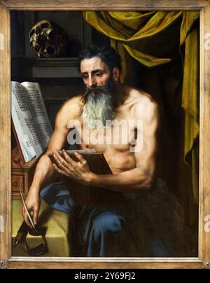 San Girolamo meditando sulla Bibbia, olio su tavola, circa 1565-1570, Willem KEY, Bréda (Pays-Bas), vers 1515 - Anvers (Belgique), 1568, Musée du Louvre, Parigi, Francia. Foto Stock