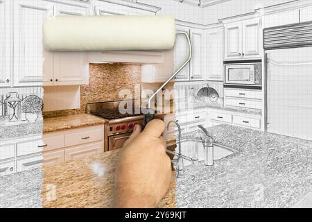 Prima e dopo di Man Painting Roller per mostrare la fotografia personalizzata della cucina sotto Pencil Sketch Drawing Plans. Foto Stock