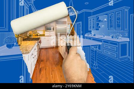 Prima e dopo di Man Painting Roller per mostrare la fotografia personalizzata della cucina in Blueprint Sketch Drawing Plans. Foto Stock