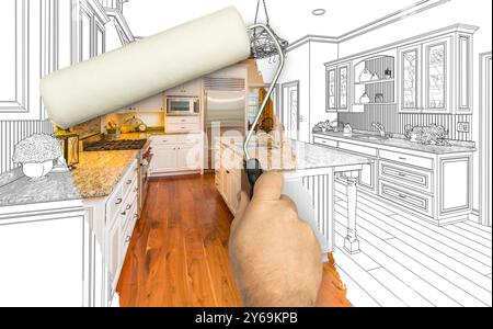 Prima e dopo di Man Painting Roller per mostrare la fotografia personalizzata della cucina sotto Pencil Sketch Drawing Plans. Foto Stock