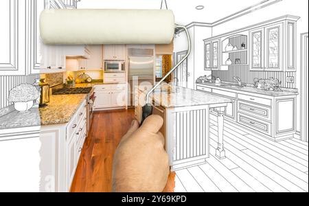 Prima e dopo di Man Painting Roller per mostrare la fotografia personalizzata della cucina sotto Pencil Sketch Drawing Plans. Foto Stock