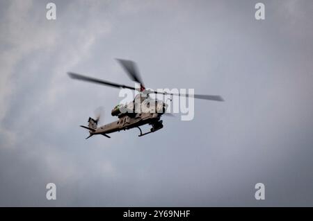 Un elicottero AH-1Z Viper del corpo dei Marines degli Stati Uniti pilotato dai membri del Marine Light Attack Helicopter Squadron 773 vola sopra l'Adirondack Air per mettere a terra Gunnery Range a Fort Drum, NY, durante l'esercitazione Jaded Thunder, 12 settembre 2024. Jaded Thunder è un'esercitazione annuale congiunta di armi combinate per l'integrazione del fuoco che si è tenuta l'ultima volta a Fort Drum nel 2017. (Foto U.S. Air National Guard di Tech Sgt. Alexander Rector) Foto Stock