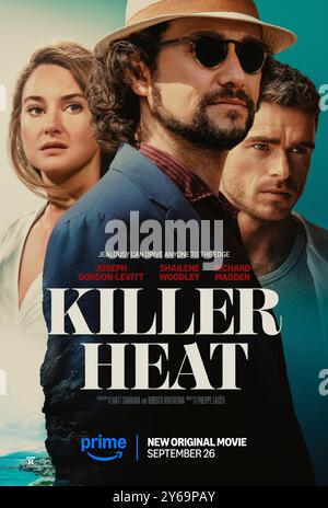 Killer Heat (2024) diretto da Philippe Lacôte e interpretato da Joseph Gordon-Levitt, Shailene Woodley e Richard Madden. I fratelli gemelli sono intrappolati in un pericoloso triangolo amoroso su un'isola greca. Poster pubblicitario ***SOLO PER USO EDITORIALE***. Credito: BFA / Amazon prime Video Foto Stock