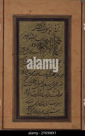 Esempio di una lettera di speranza, Abdallah, XVIII secolo, calligrafia, arabo, calligrafia, persiano, manoscritti, persiano, Washington (D.C.), Iran, calligrafia araba, manoscritti islamici miniati, calligrafia islamica, manoscritti islamici, Shikastah, Nasta'liq, campione di una lettera di speranza ad un amico, scritto in un fluido scritto Shikastah-Nasta'liq nel XVIII secolo. Dal calligrafo, 'Abdallah., dimensioni della superficie scritta: 20,3 (L) x 21,7 (h) cm, guarda l'uccello del cuore, la sua ala e le sue piume bruciate / egli ha la speranza (di tornare) al nido, ancora ancora ancora..., Murgh-i dil bin k Foto Stock