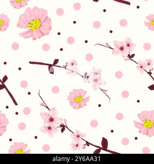 Motivo senza cuciture con rami di ciliegio e fiori rosa, illustrazione a colori Foto Stock