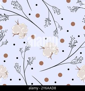 Motivo senza cuciture con fiori di cotone, ramoscelli con semi e punti, illustrazione a colori Foto Stock