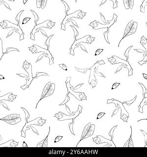 Motivo senza cuciture con fiori, foglie e boccioli, illustrazione in bianco e nero Foto Stock