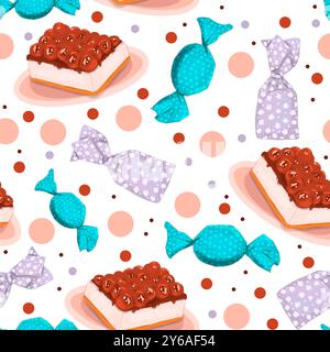 Motivo senza cuciture con caramelle, torte e punti Foto Stock