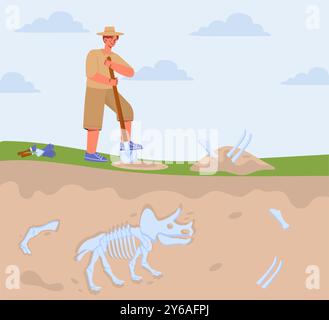 Uomo con scavi archeologici. Il giovane ragazzo scava le ossa fuori terra. Archeologia e paleontologia, geologia. Scheletro di Triceratops sotterraneo Illustrazione Vettoriale
