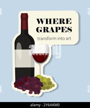 Adesivo del festival del vino. Bicchieri e bottiglie di vino. Azienda vinicola e vinificazione, vigneto. Bevande alcoliche e bevande. Caffetteria o ristorante. Vettore piatto Illustrazione Vettoriale