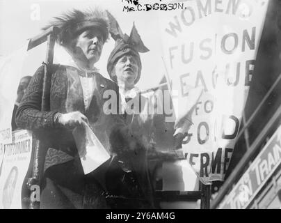 Mrs. J.B. Harriman and Mrs. C.D. Gibson, Photo shows suffragists Mrs. Charles Dana Gibson (Irene Langhorne) (m. 1956) e Mrs. J. Borden Harriman (Florence Jaffray 'Daisy' Harriman) (1870-1967), leader della Women's Fusion League probabilmente facendo una campagna insieme per il sindaco di New York Mitchel nell'ottobre 1913., 1913 ottobre, Glass negatives, 1 negative: Glass; 5 x 7 in. o più piccolo. Foto Stock