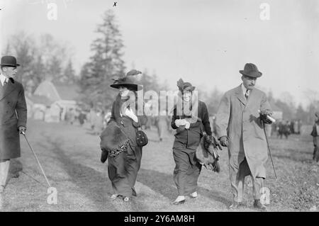 Mrs. A. Butler-Duncan; Miss Ruth Moller; Warcher Thompson, foto mostra la scena dell'asta del 1° novembre 1913 nella fattoria di Long Island del defunto sindaco di New York William Jay Gaynor, che era morto a settembre., 1913 novembre 3, Glass negatives, 1 negativo: Vetro; 5 x 7 pollici. o più piccolo. Foto Stock