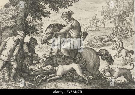Paesaggio collinare con caccia al cinghiale, scene di caccia (titolo della serie), Icones Venantum Species Varias Representative (titolo della serie), paesaggio con un cavaliere in primo piano, due uomini e tre cani che catturano un cinghiale. Sullo sfondo diversi cacciatori e cavalieri con lance a caccia di cinghiali. Stampa da una serie con scene di caccia., stampa, stampatore: Egbert Jansz., su disegno di: Antonio tempesta, editore: Johann Theodor en Johann Israel de Bry, Zuid-Nederland, 1598, carta, incisione, altezza, 80 mm x larghezza, 118 mm Foto Stock