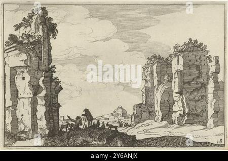 Rovine delle Terme di Caracalla, rovine romane e paesaggi costieri (serie 1) (titolo della serie), rovine sovradimensionate delle Terme di Caracalla a Roma. In primo piano due pastori con una mandria di capre. Sullo sfondo la città di Roma. Print fa parte di una serie di rovine romane e paesaggi costieri basati su una serie di stampe di Willem van Nieulandt., stampa, stampatore: Anonimo, dopo stampa di: Willem van Nieulandt (II), editore: Claes Jansz. Visscher (II), Amsterdam, 1618, carta, incisione, altezza, 102 mm x larghezza, 158 mm Foto Stock