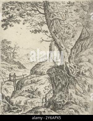 Paesaggio con ponte di legno, paesaggio con ponte di legno a sinistra con due camminatori. A destra due alberi su una roccia., stampa, stampatore: Willem von Bemmel, (menzionato sull'oggetto), su disegno personale di: Willem von Bemmel, Germania, (forse), 1645 - 1655, carta, incisione, altezza, 187 mm x larghezza, 155 mm Foto Stock