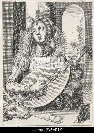 Hearing (Auditus), una donna con uno strumento a corde, Auditus (titolo sull'oggetto), The Five Senses (titolo della serie), una donna elegante, seduta a un tavolo davanti a una finestra aperta, suona uno strumento a corde. In basso a sinistra la testa di un cervo. Personificazione dell'udito, stampa da una serie dei cinque sensi., stampa, stampatore: Hendrick Hondius, (attribuzione rifiutata), stampatore: Andries Jacobsz. Stock, (attribuito a), editore: Hendrick Hondius (i), The Hague, 1583 - 1650, carta, incisione, altezza, 106 mm x larghezza, 74 mm Foto Stock