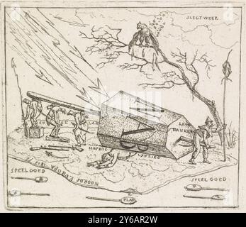 Napoleone schiacciato sotto un blocco esagonale, sei cartoni animati raffiguranti la fuga di Napoleone da Mosca e la battaglia di Lipsia, 1812-1813 (titolo della serie), su una mappa dell'Europa settentrionale che mostra Mosca e Lipsia, Napoleone viene schiacciato sotto un "alletje", una parte superiore esagonale rotante con una lettera su ciascun lato. Le lettere sono visibili: NAB. L'aquila francese si trova su un albero, gravemente danneggiato dal maltempo. I soldati francesi provano ad alzare il pedaggio. I fulmini sparano dal cielo. In primo piano ci sono cucchiai o lastre con lettere dei paesi che hanno punito la Francia a Leipig o in Russia Foto Stock