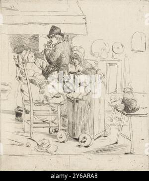 Scena di cucina con bambini, in una cucina una donna dà da mangiare a due bambini. Un bambino indossa un casco e si siede su una sedia, un nipotino siede su un seggiolone su ruote. Vicino al cuore aperto una donna siede a dare da mangiare a un bambino. Un uomo in piedi accanto a lei fuma una pipa. C'è un gatto seduto a destra del tavolo., stampa, stampatore: Louis Bernard Coclers, dopo aver dipinto: Louis Bernard Coclers, sconosciuto, 1756 - 1817, carta, incisione, punto di essiccazione, altezza, 143 mm x larghezza, 15 mm Foto Stock