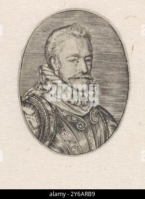 Ritratto di Jacques de la Faille, Ritratto del mercante Jacques de la Faille. Fuggì da Anversa ad Haarlem nel 1584., stampa, stampatore: Anonimo, dopo stampa di: Hendrick Goltzius, 1580 - 1667, carta, incisione, altezza, 52 mm x larghezza, 40 mm Foto Stock