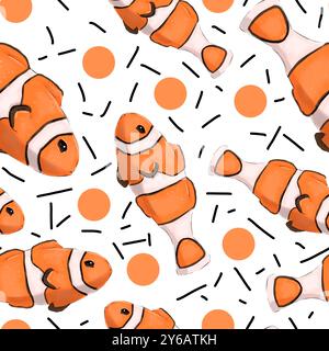 Pesce pagliaccio con coriandoli e punti immagine a colori con motivi isolati senza cuciture per stampe, tessuti e carta da imballaggio, per sfondi e sfondi Foto Stock