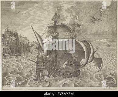 Nave a vela con la caduta di Icaro, Sailing Ships (titolo della serie), Una nave a vela in acqua al largo di una costa. Nel cielo la caduta di Icaro., stampa, stampatore: Frans Huys, (menzionato sull'oggetto), su disegno di: Pieter Bruegel (i), (menzionato sull'oggetto), sconosciuto, (menzionato sull'oggetto), Anversa, 1561 - 1565, carta, incisione, altezza, 227 mm x larghezza, 290 mm Foto Stock