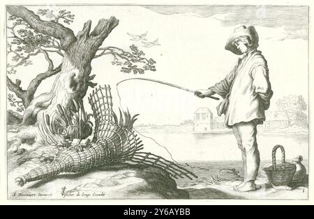 The Young Fisherman, Four Pastoral Scenes (titolo della serie), Un giovane si trova accanto a un cesto e a un barattolo sul bordo di un lago e si piega leggermente in avanti sopra una linea di pesca. Sulla destra c'è un albero sotto il quale c'è una trappola. Il pescatore ha gettato la canna da pesca, ma non sa cosa ne ricava. La pesca era un simbolo diffuso di attività amorosa, basato sulla nozione di esca inaffidabile. La trappola qui rappresenta la trappola dell'amore., stampa, tipografo: Cornelis Bloemaert (II), (possibilmente), su disegno di: Abraham Bloemaert, (menzionato sull'oggetto), editore: Nicolaes Visscher ( Foto Stock