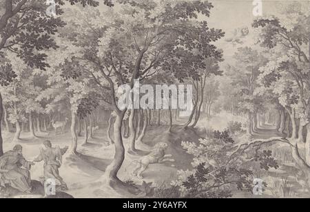 Quinta visione di Ezra, la quinta visione di Ezra. In una foresta, un leone ruggisce verso il cielo, dove un'aquila ardente con tre teste si divora. In primo piano di sinistra un angelo spiega la visione al profeta Ezra (2 Esdras)., stampa, stampatore: Nicolaes de Bruyn, (menzionato sull'oggetto), su disegno di: Nicolaes de Bruyn, (menzionato sull'oggetto), editore: Hugo Allard (i), (menzionato sull'oggetto), stampatore: Anversa, editore: Amsterdam, 1608 e, oppure 1630 - 1684, carta, incisione, larghezza, 692 mm x altezza, 448 mm Foto Stock