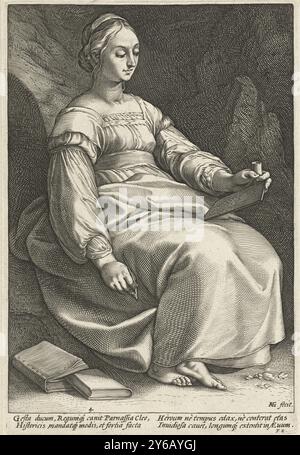 Clio, le nove muse (titolo della serie), Una serie di nove muse. Quattro righe in latino di Franco Estius nel margine sotto la stampa., stampa, tipografo: Hendrick Goltzius, (menzionato sull'oggetto), su disegno di: Hendrick Goltzius, Franco Estius, (menzionato sull'oggetto), Haarlem, 1592, carta, incisione, altezza, 249 mm x larghezza, 168 mm Foto Stock