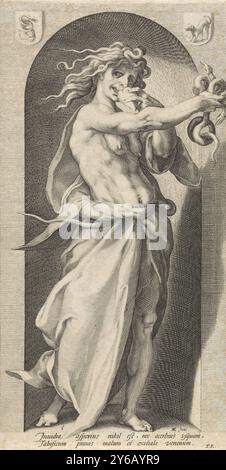 Envy (Invidia), i sette peccati mortali (titolo della serie), personificazione dell'invidia, raffigurata come una figura femminile con serpenti per capelli, due serpenti in mano, gnawing on a Heart., print, print maker: Jacob Matham, dopo aver disegnato da: Hendrick Goltzius, (menzionato sull'oggetto), Franco Estius, (menzionato sull'oggetto), 1593, carta, incisione, altezza, 321 mm x larghezza, 167 mm Foto Stock