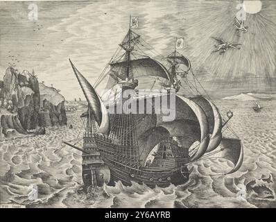 Nave a vela con la caduta di Icaro, Sailing Ships (titolo della serie), Una nave a vela in acqua al largo di una costa. Nel cielo la caduta di Icaro., stampa, stampatore: Frans Huys, (menzionato sull'oggetto), su disegno di: Pieter Bruegel (i), (menzionato sull'oggetto), sconosciuto, (menzionato sull'oggetto), Anversa, 1561 - 1565, carta, incisione, incisione, altezza, 220 mm x larghezza, 285 mm Foto Stock