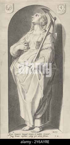 Hope (Spes), le sette virtù cardinali (titolo della serie), personificazione della speranza, con ancora, in piedi in una nicchia., stampa, stampatore: Jacob Matham, su disegno di: Hendrick Goltzius, (menzionato sull'oggetto), Franco Estius, (menzionato sull'oggetto), Haarlem, 1593, carta, incisione, altezza, 325 mm x larghezza, 170 mm Foto Stock