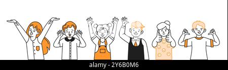 Gruppo di bambini che esprimono il set di icone vettoriali delle emozioni Illustrazione Vettoriale