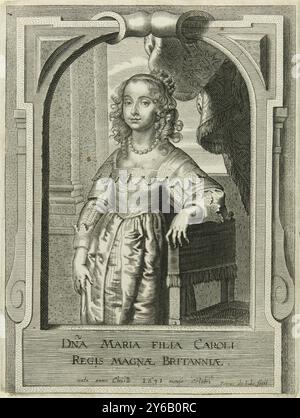 Ritratto di Maria Enrichetta Stuart, Teatro dei Vescovi, Imperatori, Re, Duchi, principi, ecc. (titolo della collana), Theatrum pontificum, imperatorum, regum, ducum, principum, ecc. (titolo della serie), Ritratto di Maria Henrietta sotto un bar ornato. Il suo braccio sinistro poggia su una sedia. Il suo nome e la data di nascita in una cornice., stampa, tipografo: Pieter de Jode (II), (menzionato sull'oggetto), dopo la pittura di: Anthony van Dyck, Anversa, (possibilmente), c. 1628 - c. 1670, carta, incisione, incisione, incisione, altezza, 165 mm x larghezza, 127 mm Foto Stock