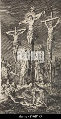 Tre croci su Golgotha, stampa, stampatore: Anonimo, dopo stampa di: Jan Luyken, Amsterdam, 1712, carta, incisione, altezza, 137 mm x larghezza, 67 mm Foto Stock