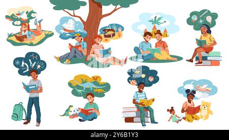 Bambini felici che leggono libri con un set di icone vettoriali a colori piatti Illustrazione Vettoriale