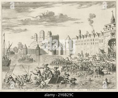 Attacco di Maarten Schenck a Nijmegen, 1589, Aenslagh di Marten Schenk a Nieumegen in den jaere MDLXXXIX (titolo sull'oggetto), fallito attacco delle truppe di Maarten Schenck alla città di Nijmegen, 10 agosto 1589. Episodio della guerra di Colonia. Mentre fugge dalla città, Schenck affonda nel Waal., stampatore: Jan Luyken, (menzionato sull'oggetto), su disegno di: Jan Luyken, (menzionato sull'oggetto), editore: Weduwe Joannes van Someren, Amsterdam, 1681, carta, incisione, altezza, 276 mm x larghezza, 354 mm Foto Stock