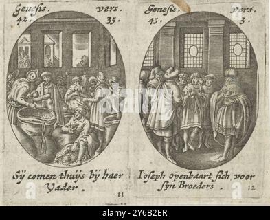 I fratelli di Joseph scoprono borse di denaro, Joseph si fa conoscere ai suoi fratelli, Scene dalla vita di Giuseppe (titolo della serie), due stampe su una pagina in ovale. A sinistra un interno con Giacobbe, seduto su una sedia, e i suoi figli. Nei sacchi di grano scoprono sacchi di denaro (Gen. 42-35). Sulla destra un interno con Giuseppe che si fa conoscere ai suoi fratelli (Gen. 45-3). Didascalia in olandese ai margini. Undicesima e dodicesima stampa (11 e 12) da una serie di dodici con scene della vita di Giuseppe., stampa, tipografo: Hans Janssen, Amsterdam, 1615 - 1651, carta, incisione, altezza, Foto Stock