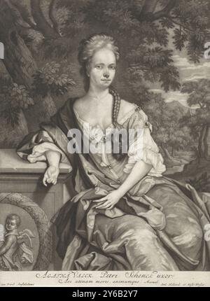 Ritratto di Agatha Valck, Agatha Valck, moglie dell'incisore ed editore Pieter Schenk., stampatore: Pieter Schenk (i), (menzionato sull'oggetto), editore: Pieter Schenk (i), (menzionato sull'oggetto), Staten van Holland en West-Friesland, (menzionato sull'oggetto), Amsterdam, 1690 - 1713, carta, incisione, altezza, 248 mm x larghezza, 183 mm Foto Stock